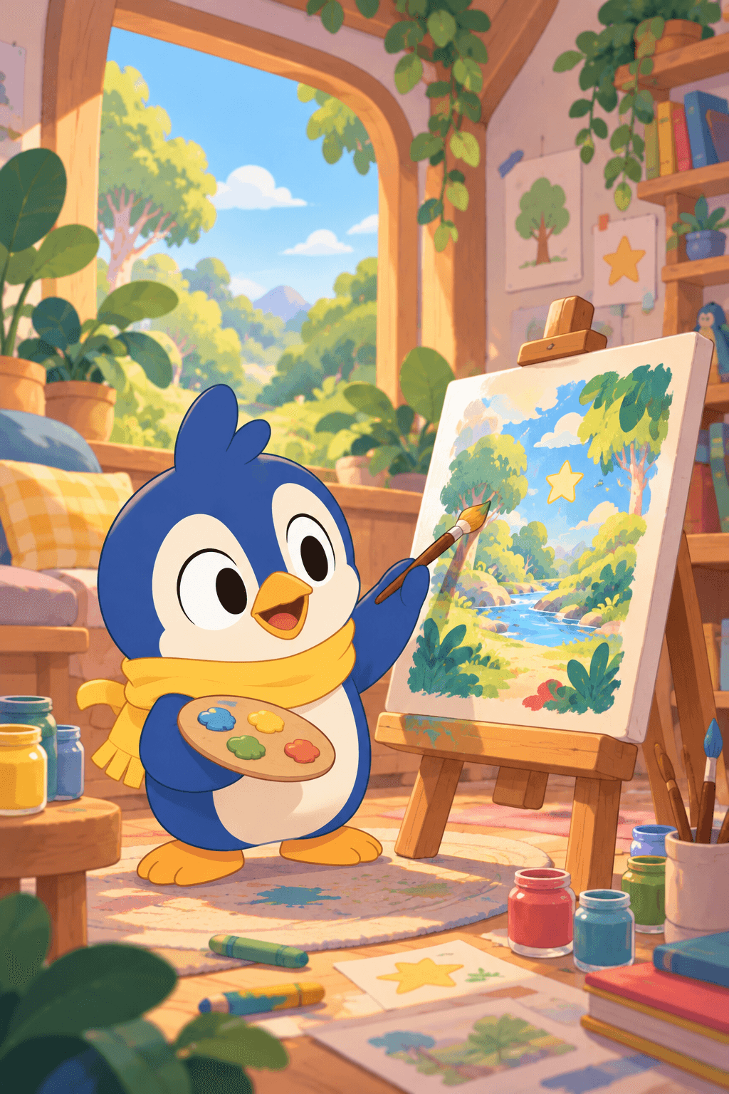 Pimpu pintando em um ateliê ensolarado